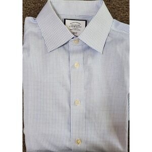 Charles Tyrwhitt Men's Blue Check Non-Iron Slim-Fit Dress Shirt Size 16.5 X 35